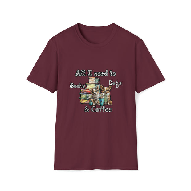 Books, dogs & coffee Unisex Softstyle T-Shirt