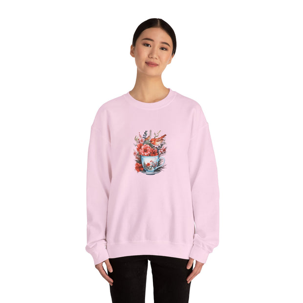 Tea Cup Flowers & Birds Unisex Heavy Blend™ Crewneck Sweatshirt