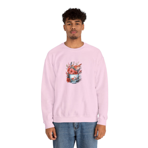 Tea Cup Flowers & Birds Unisex Heavy Blend™ Crewneck Sweatshirt