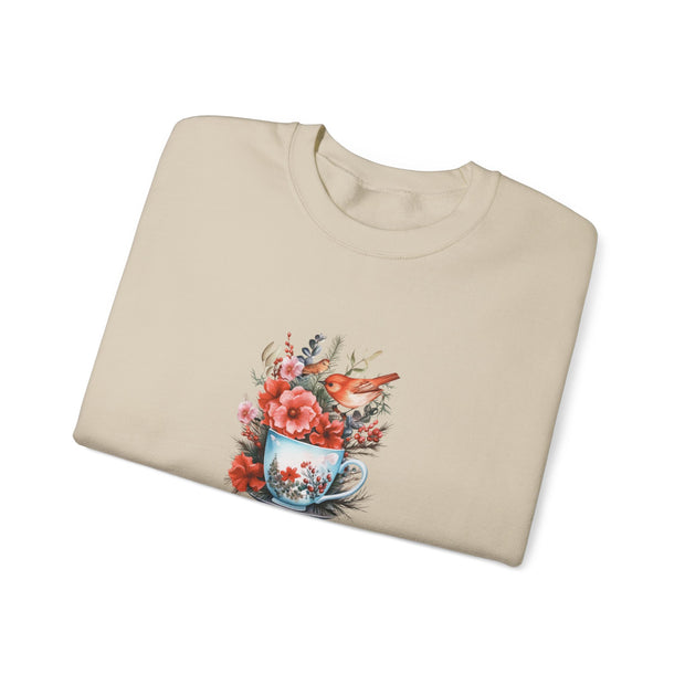 Tea Cup Flowers & Birds Unisex Heavy Blend™ Crewneck Sweatshirt