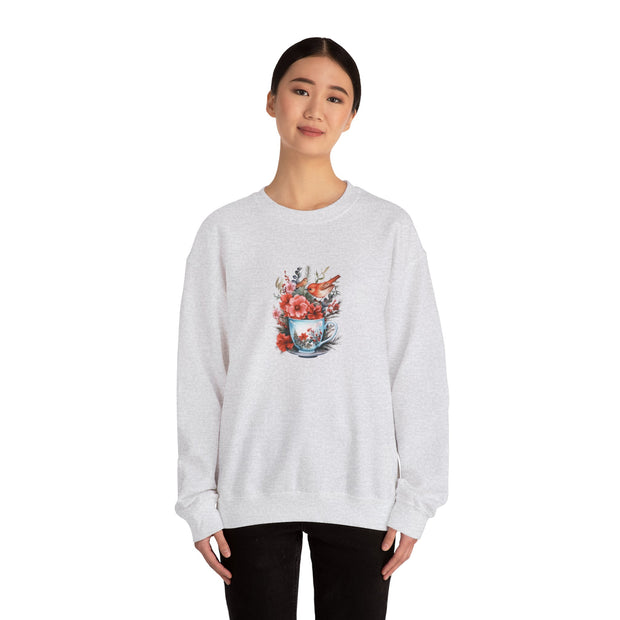 Tea Cup Flowers & Birds Unisex Heavy Blend™ Crewneck Sweatshirt