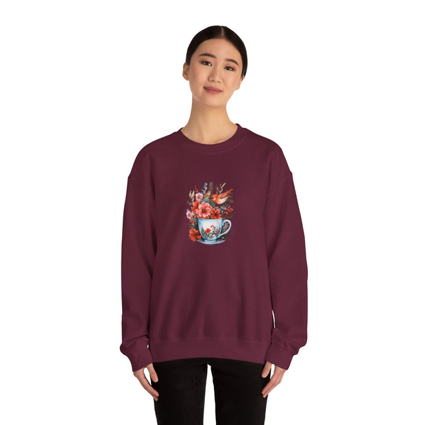 Tea Cup Flowers & Birds Unisex Heavy Blend™ Crewneck Sweatshirt