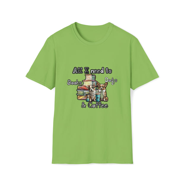 Books, dogs & coffee Unisex Softstyle T-Shirt