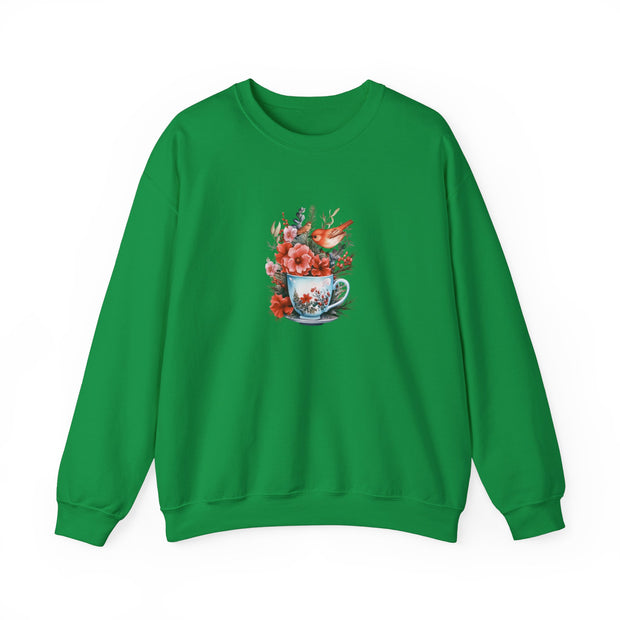 Tea Cup Flowers & Birds Unisex Heavy Blend™ Crewneck Sweatshirt