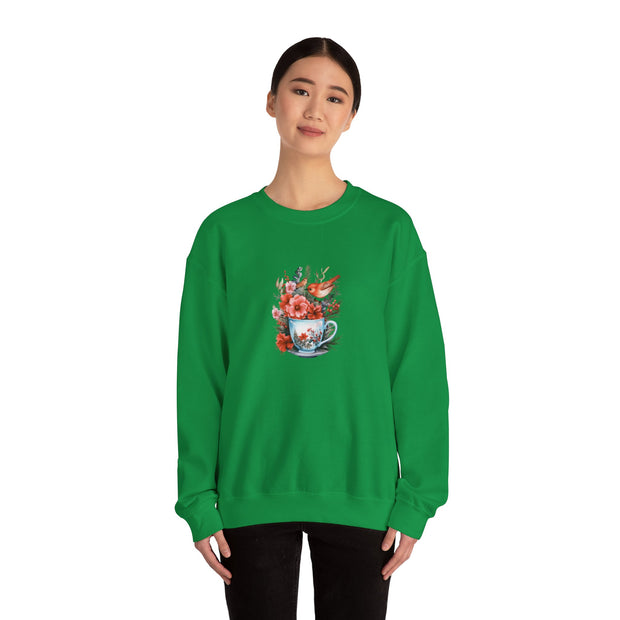 Tea Cup Flowers & Birds Unisex Heavy Blend™ Crewneck Sweatshirt