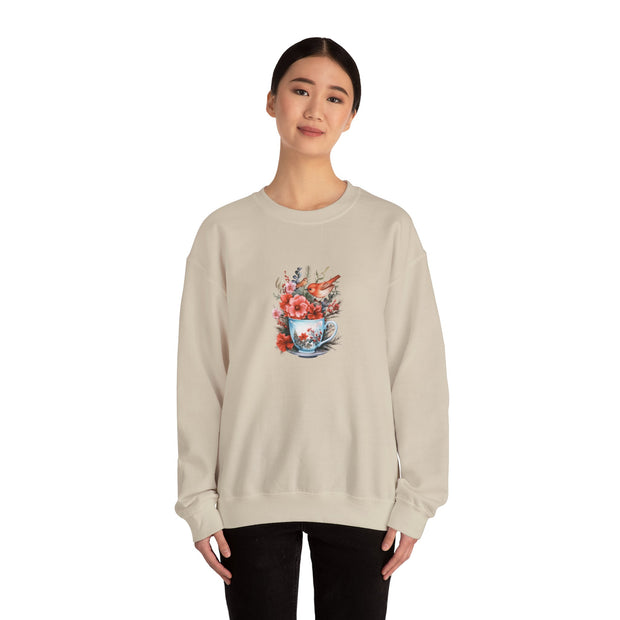 Tea Cup Flowers & Birds Unisex Heavy Blend™ Crewneck Sweatshirt