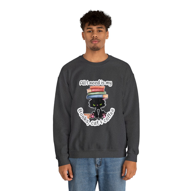 Books, Cat & Coffee Unisex Heavy Blend™ Crewneck Sweatshirt