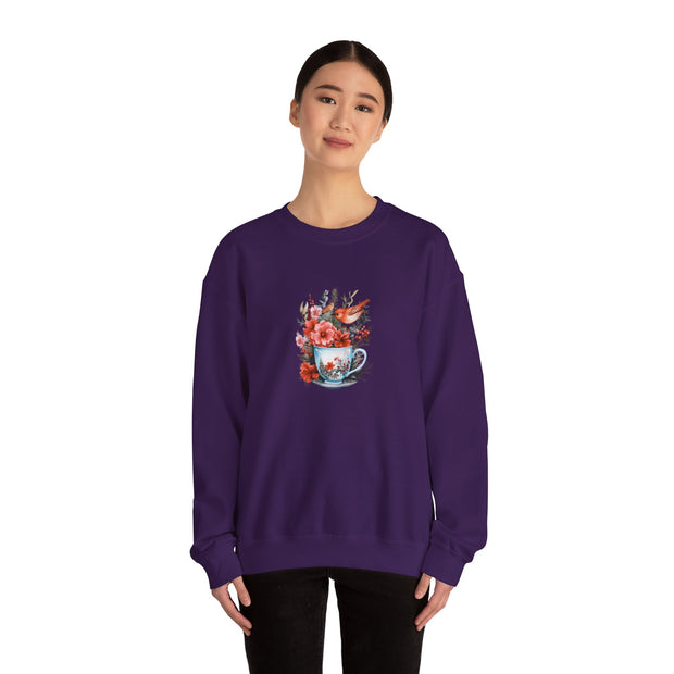 Tea Cup Flowers & Birds Unisex Heavy Blend™ Crewneck Sweatshirt