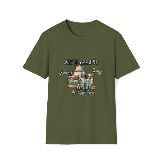 Books, dogs & coffee Unisex Softstyle T-Shirt
