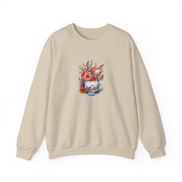 Tea Cup Flowers & Birds Unisex Heavy Blend™ Crewneck Sweatshirt