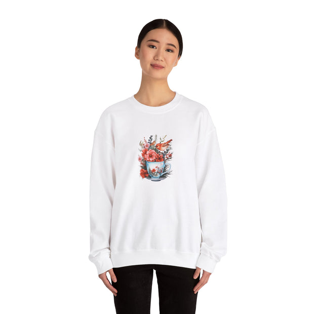 Tea Cup Flowers & Birds Unisex Heavy Blend™ Crewneck Sweatshirt