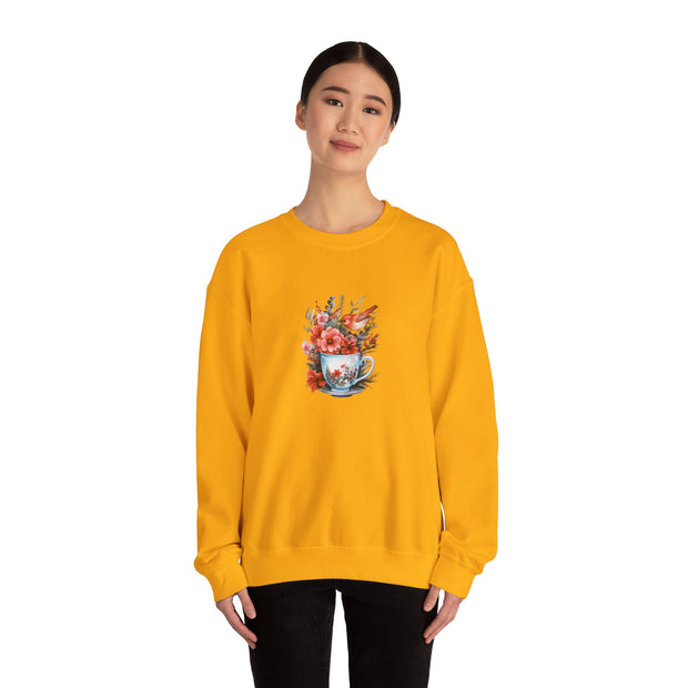 Tea Cup Flowers & Birds Unisex Heavy Blend™ Crewneck Sweatshirt